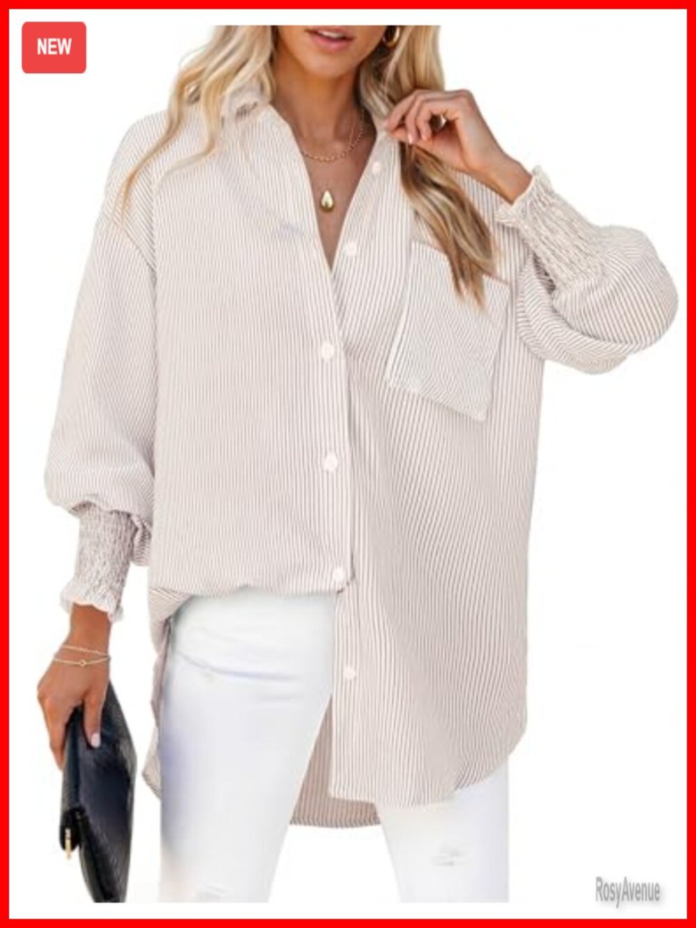 Womens Striped Button Down Shirt Smocked Cuffs Loose Fit Blouse